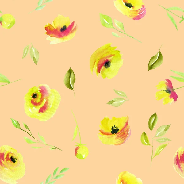 Watercolor Yellow Roses Green Branches Seamless Pattern Hand Painted Cream — Stock Photo, Image