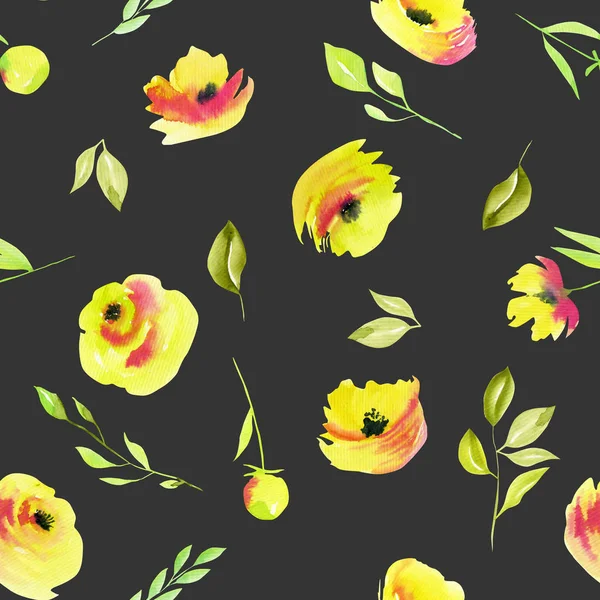 Watercolor Yellow Roses Green Branches Seamless Pattern Hand Painted Dark — Stock Photo, Image