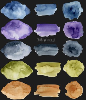 Sulu boya lekeleri ve kontur koleksiyonu, mavi ve kahverengi renk elemanları