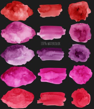 Karanlık bir arka plan üzerinde izole sulu boya lekeleri ve kontur koleksiyonu, kırmızı ve mor renk elemanları,