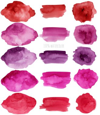 Sulu boya lekeleri ve kontur koleksiyonu, kırmızı ve mor renkli öğeleri