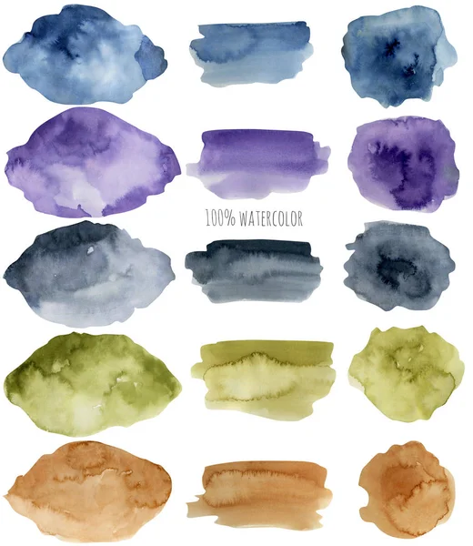 Watercolor stains and strokes collection, blue and brown color elements