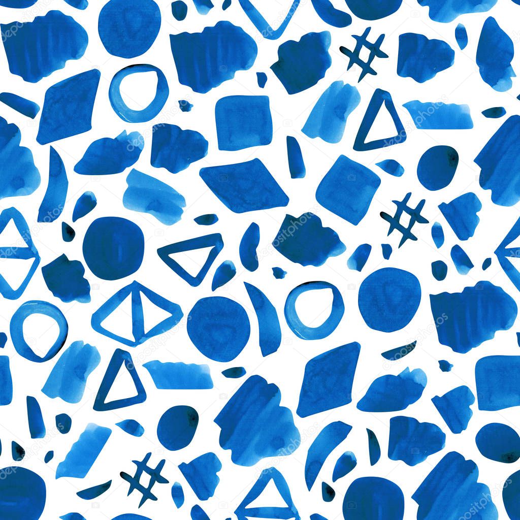 Watercolor blue abstract shapes seamless pattern