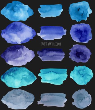 Sulu boya lekeleri ve kontur koleksiyonu, mavi renk öğeleri
