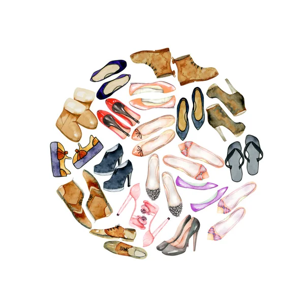 Κύκλος με ακουαρέλα παπούτσια, Εικονογράφηση μόδας — Φωτογραφία Αρχείου