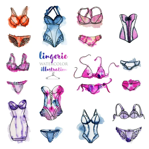 Coleção Ilustração Lingerie Aquarela Pintada Mão Fundo Branco — Fotografia de Stock