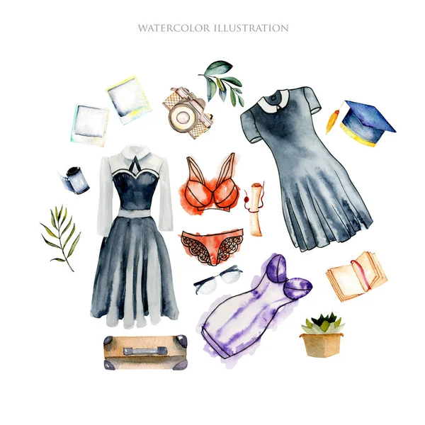Watercolor women clothing and accessories illustration collection — Stock Photo, Image