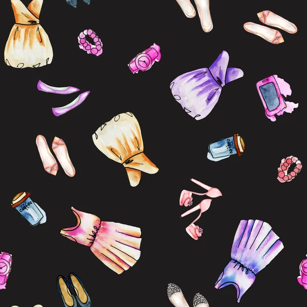 Naadloze patroon met aquarel vrouwen jurken en accessoires — Stockfoto