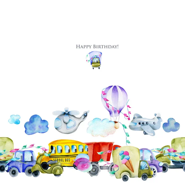 Diseño de tarjetas de cumpleaños con coches acuarela y transporte aéreo, ilustración para niños —  Fotos de Stock