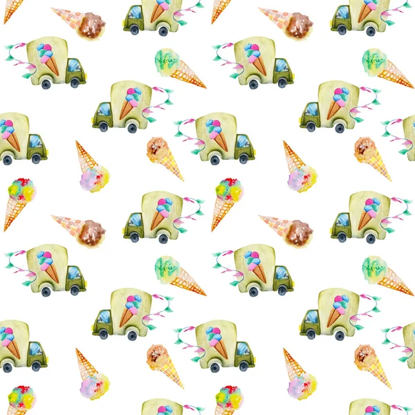 Watercolor ice cream truck and ice cream cones seamless pattern