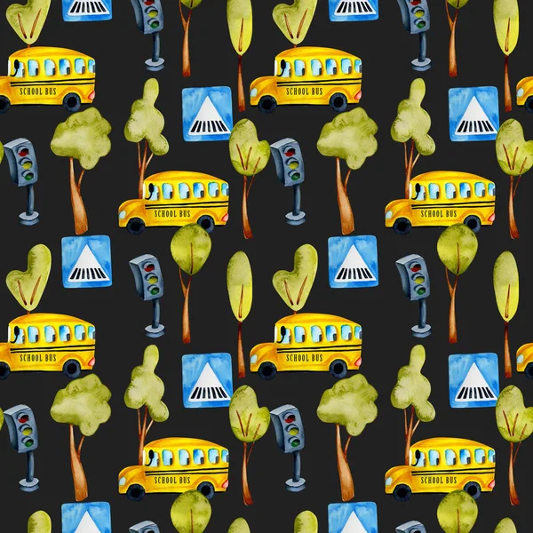 Watercolor school buses, traffic lights and trees seamless pattern, hand painted on a dark background
