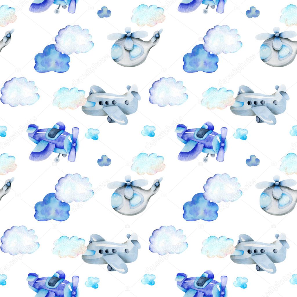 Watercolor air transport ( airplanes and helicopters) seamless pattern