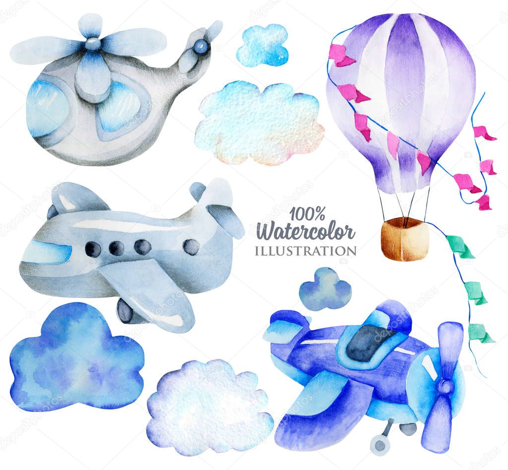 Watercolor air transport elements (airplane, helicopter, hot balloon) collection, illustration for kids, illustration for kids, hand painted isolated on a white background