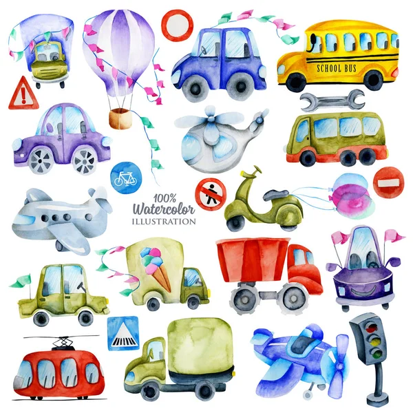 Aquarelle voitures, panneaux de signalisation et éléments collection, illustration pour enfants — Photo