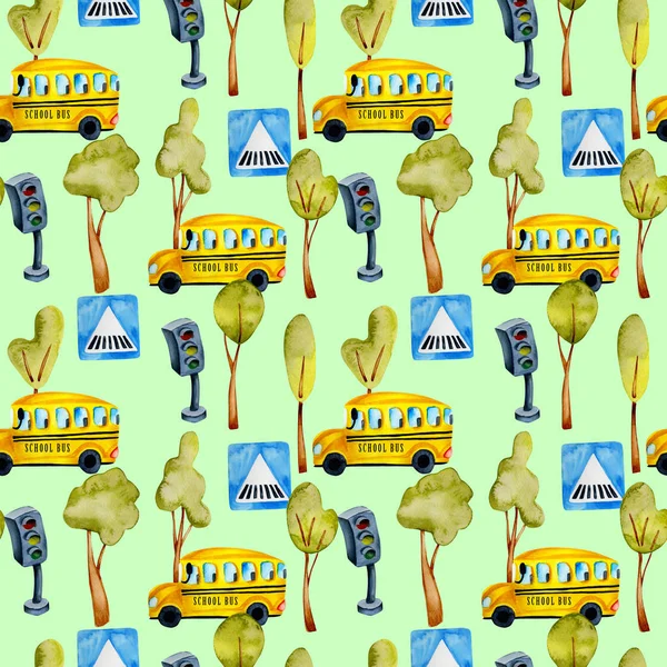 Watercolor school buses, traffic lights and trees seamless pattern