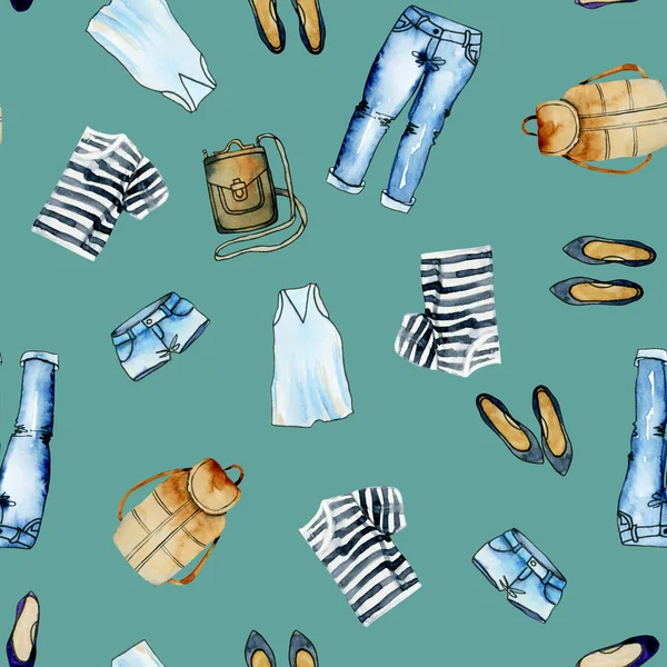 원활한 패턴 수채화 여름 여성 의류와 가방 — 스톡 사진