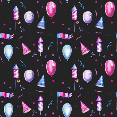 Watercolor air balloons, fireworks and other  festive elements seamless pattern, hand painted on a dark background clipart