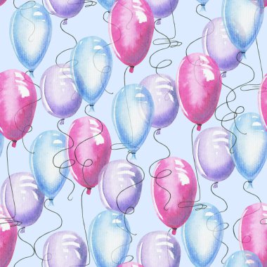 Suluboya pembe, mor ve mavi hava balonları pürüzsüz desenler, el boyası mavi arka plan