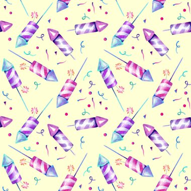 Suluboya havai fişek seamless modeli, el boyalı sarı bir arka plan üzerinde