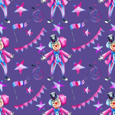 Suluboya sirk palyaçolar, monocycles, bayraklar ve yıldız seamless modeli, el boyalı mavi bir arka plan üzerinde