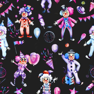 Watercolor circus clowns and different festive elements seamless pattern, hand painted on a dark background clipart