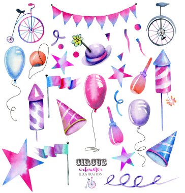 Watercolor circus and festive elements collection, hand painted isolated on a white background clipart