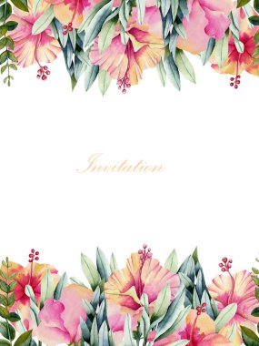 Kart şablonu suluboya hibiscus çiçek ve yeşil yaprakları, el ile davetiye kartı tasarım, beyaz bir arka plan boyalı