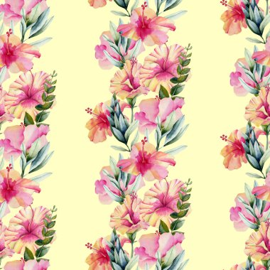 Suluboya hibiscus flowers ve süsleme sorunsuz bırakır desen, sarı bir arka plan üzerine boyalı el