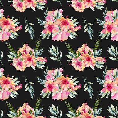 Suluboya hibiscus flowers, branhces ve buketleri sorunsuz bırakır desen, karanlık bir arka plan üzerine boyalı el