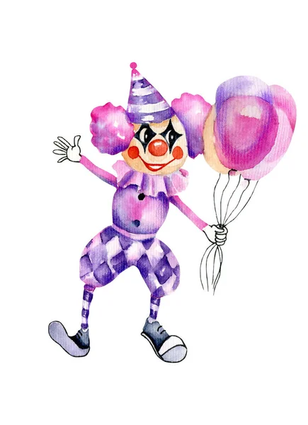 Watercolor Funny Circus Clown Air Balloons Watercolor Design — Stock Photo, Image