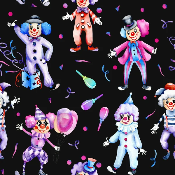 Watercolor Circus Clowns Confetti Seamless Pattern Hand Painted Dark Background — Stock Photo, Image