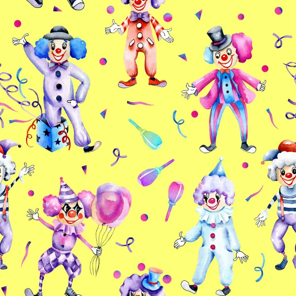 Watercolor Circus Clowns Confetti Seamless Pattern Hand Painted Yellow Background — Stock Photo, Image