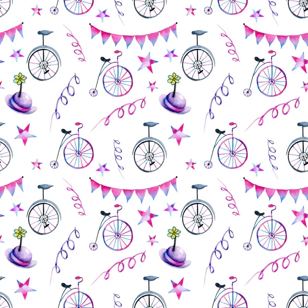 Watercolor Circus Festive Elements Seamless Pattern Hand Painted White Background — Stock Photo, Image