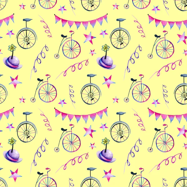 Watercolor Circus Festive Elements Seamless Pattern Hand Painted Yellow Background — Stock Photo, Image