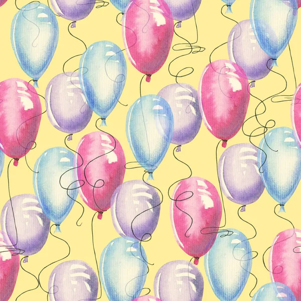 Watercolor Pink Purple Blue Air Balloons Seamless Pattern Hand Painted — Stock Photo, Image