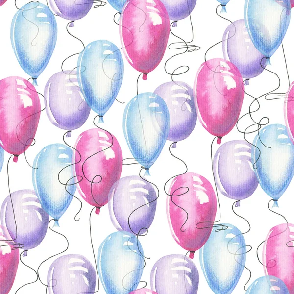 Akwarela Różowy Fioletowy Niebieski Balony Powietrza Bezszwowy Wzór Ręcznie Malowane — Zdjęcie stockowe