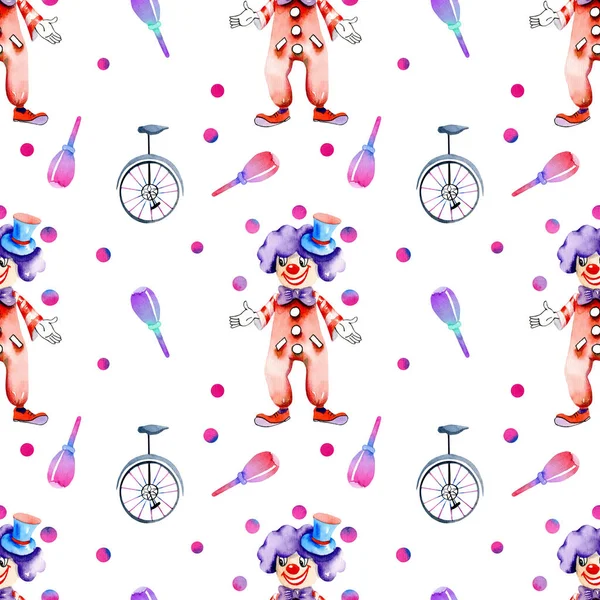Watercolor circus juggling clowns and monocycles seamless pattern, hand painted on a white background