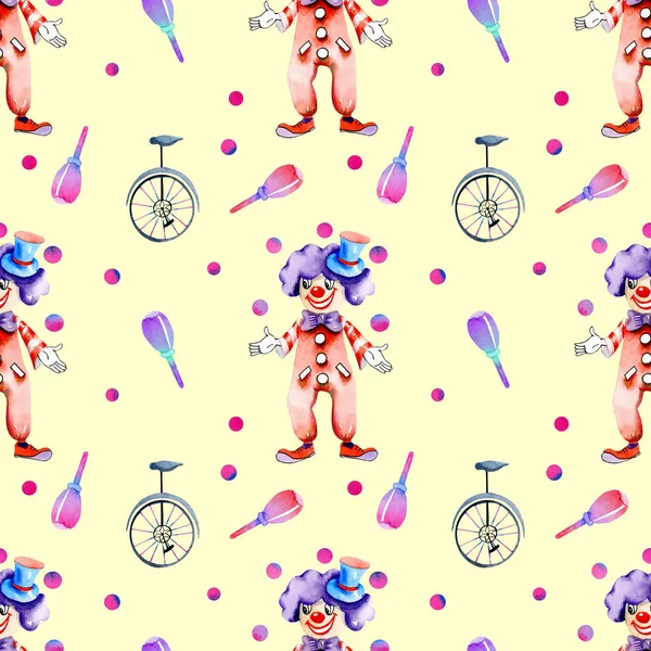 Watercolor Circus Juggling Clowns Monocycles Seamless Pattern Hand Painted Yellow — Stock Photo, Image