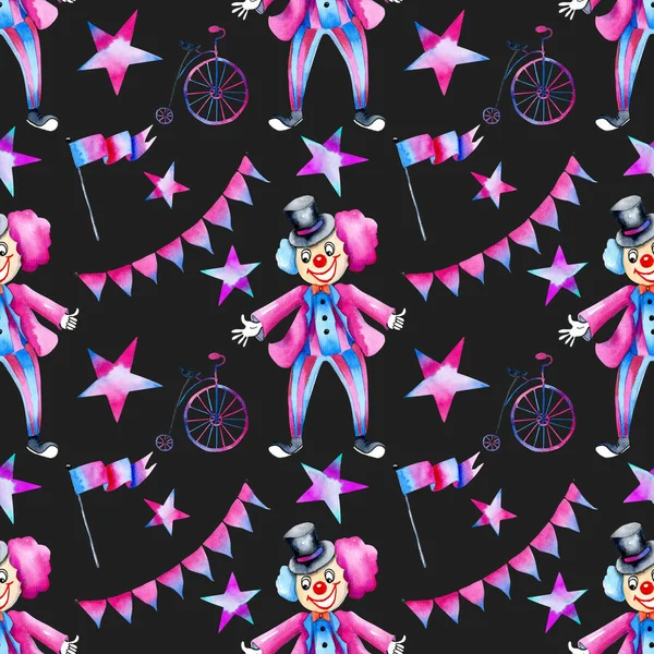 Aquarel Circus Clowns Monocycles Vlaggen Sterren Naadloze Patroon Hand Geschilderd — Stockfoto