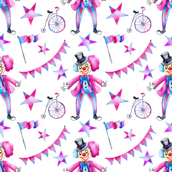 Akvarell Cirkuszi Bohócok Monocycles Zászlók Csillagok Varrat Nélküli Mintát Kézzel — Stock Fotó