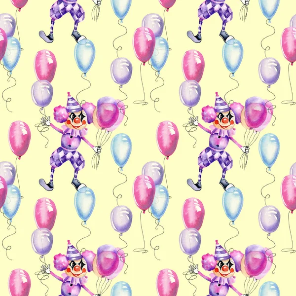 Watercolor circus clowns with air balloons seamless pattern, hand painted on a yellow background