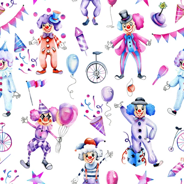 Watercolor Circus Clowns Different Festive Elements Seamless Pattern Hand Painted — Stock Photo, Image