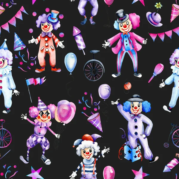 Watercolor Circus Clowns Different Festive Elements Seamless Pattern Hand Painted — Stock Photo, Image