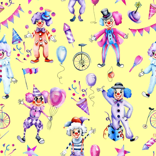 Watercolor circus clowns and different festive elements seamless pattern, hand painted on a yellow background