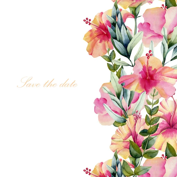 Kaartsjabloon Met Florale Sieraad Aquarel Hibiscus Bloemen Groene Bladeren Hand — Stockfoto