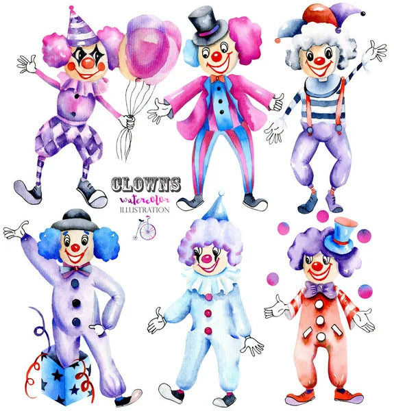 Aquarelle Collection Clowns Cirque Peints Main Isolés Sur Fond Blanc — Photo