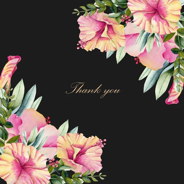 暗い背景 ありがとうカード デザインに描かれた水彩画ハイビスカスの花と緑の葉 手カード テンプレート — ストック写真