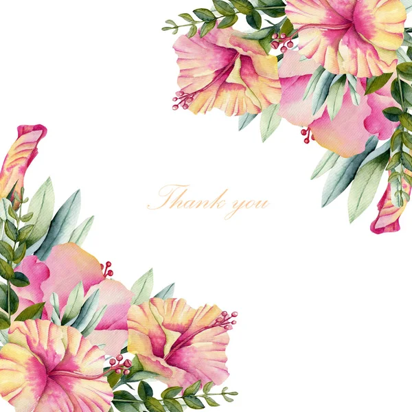 Πρότυπο Κάρτας Ακουαρέλα Hibiscus Λουλούδια Και Πράσινα Φύλλα Χέρι Βαμμένο — Φωτογραφία Αρχείου