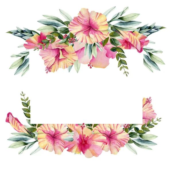 Ram Med Akvarell Hibiscus Blommor Och Gröna Blad Handmålad Vit — Stockfoto