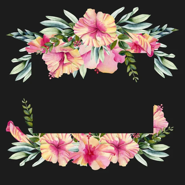 Ram Med Akvarell Hibiscus Blommor Och Gröna Blad Handmålad Mörk — Stockfoto